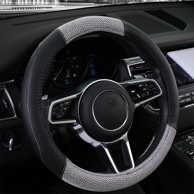 38CM PU Leather Flax Fiber Car Steering Wheel Cover Universal Car-styling Auto Steering Wheel Covers Anti-Slip Car Accessories