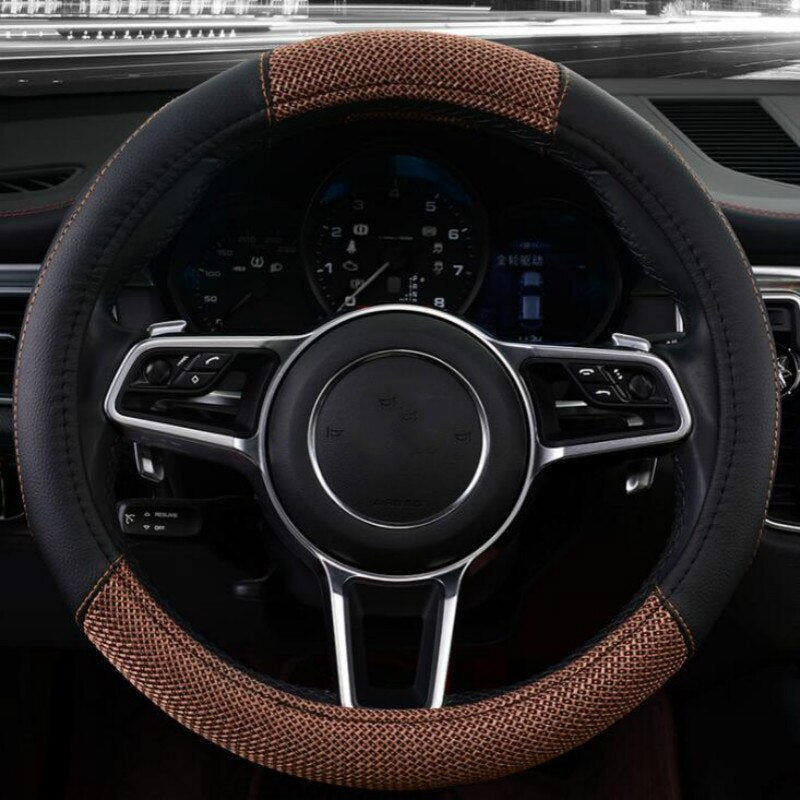 38CM PU Leather Flax Fiber Car Steering Wheel Cover Universal Car-styling Auto Steering Wheel Covers Anti-Slip Car Accessories