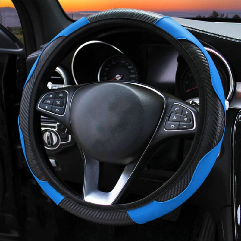 Car Steering Wheel Cover Breathable Anti Slip PU Leather Steering Covers Suitable 37-38cm Auto Decoration Carbon Fiber