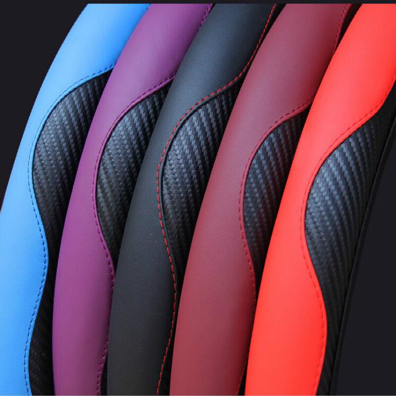 Car Steering Wheel Cover Breathable Anti Slip PU Leather Steering Covers Suitable 37-38cm Auto Decoration Carbon Fiber