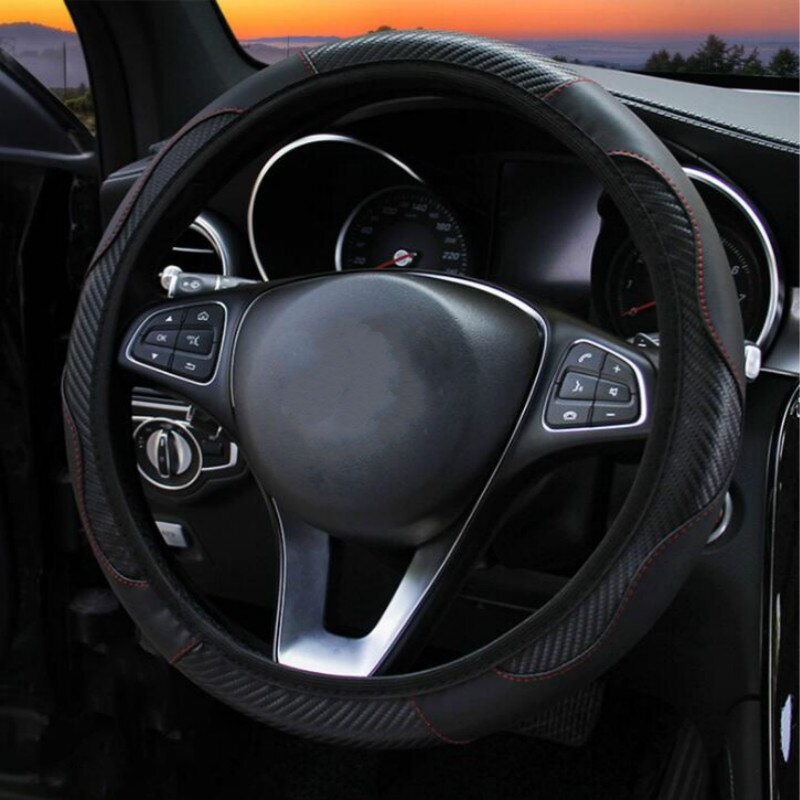 Car Steering Wheel Cover Breathable Anti Slip PU Leather Steering Covers Suitable 37-38cm Auto Decoration Carbon Fiber