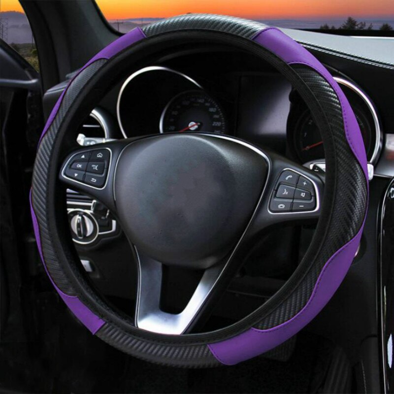 Car Steering Wheel Cover Breathable Anti Slip PU Leather Steering Covers Suitable 37-38cm Auto Decoration Carbon Fiber