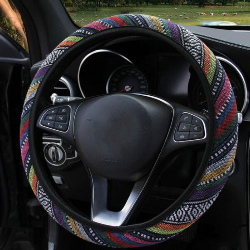 Elastic Car Steering Wheel Cover Ethnic Style Car Steering-wheel Covers Auto Decoration Car Accessories Linen Universal