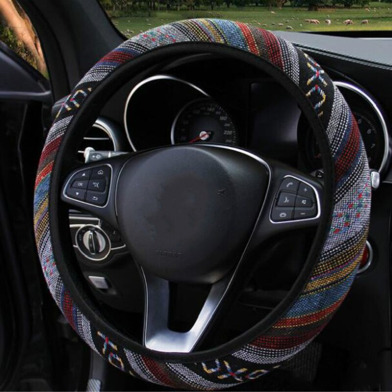Elastic Car Steering Wheel Cover Ethnic Style Car Steering-wheel Covers Auto Decoration Car Accessories Linen Universal