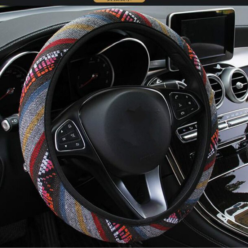 Elastic Car Steering Wheel Cover Ethnic Style Car Steering-wheel Covers Auto Decoration Car Accessories Linen Universal