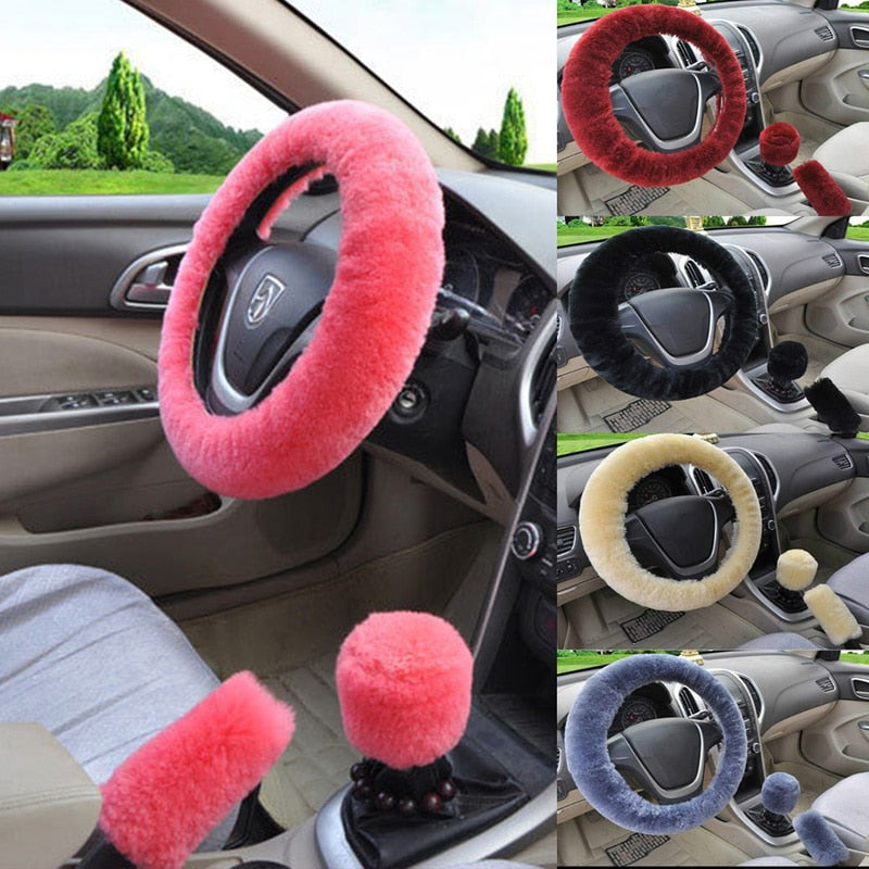 Universal Steering-wheel Plush Car Steering Wheel Covers Winter Faux fur Hand Brake & Gear Cover Set Car Interior Accessories